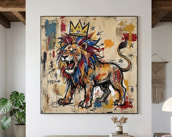 Original Colorful Graffiti Lion Wall Art, Abstract King Lion Painting, Modern Urban Canvas, Street Art Decor for Living Room, Bedroom,Office