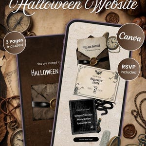 May include: Two smartphone screens displaying a 3-page dark brown and beige Halloween website template. The screens show invitation text, RSVP details, and event information with graphics of envelopes, wax seals, clocks, and snakes.