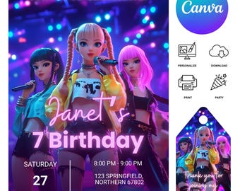 K-Pop Dämonenjäger-Geburtstagsfeiereinladung, bearbeitbare Canva-Vorlage, Anime Party einladen, druckbarer digitaler Download