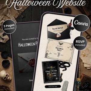 May include: A digital Halloween website template displayed on two smartphone screens. The design features black and cream backgrounds with graphics of skulls, snakes, potion bottles, and envelopes. Text includes "3 Pages Black Halloween Website," "You Are Invited," "Halloween Party," and "Dress to Kill."