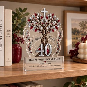 Op de afbeelding: Een doorzichtige acrylplaat met een gestileerde boom met zilveren en rode bladeren, een kruis aan de bovenkant en het getal 40. Het is gegraveerd met de namen Michael en Emily, de tekst HAPPY 40TH ANNIVERSARY, 1986-2026 en een korte tekst.