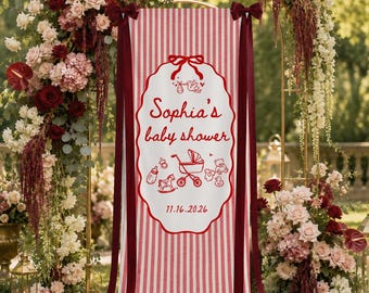 Personalized Baby Shower Welcome Banner | Custom Red Stripe Linen Sign