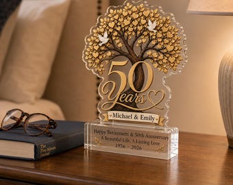 Targa in acrilico per il 50° anniversario, regalo personalizzato per le nozze d'oro di una coppia, ricordo per il pensionamento di genitori e nonni.