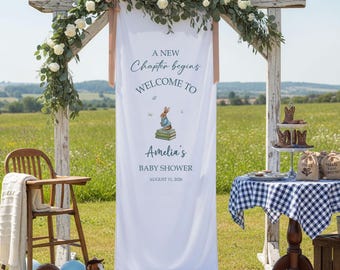 A New Chapter Begins Baby Shower Welcome Banner, Personalized Book Theme Baby Shower Sign, Custom Fabric Banner Rustic Decor
