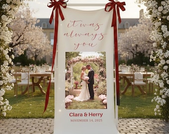 Romantic Wedding Photo Fabric Banner, Custom Wedding Welcome Sign with Quote, Personalized Elegant Ceremony Entrance Decor