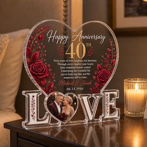 Plaque acrylique personnalisée avec photo pour le 40e anniversaire de mariage, cadeau de noces de rubis pour un couple, des parents, un mari ou une femme.