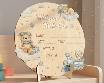 Cartello personalizzato per annuncio di nascita per bambino, decorazione per cameretta a forma di orso, cartello di benvenuto per il piccolo, cartello con le statistiche personalizzate per il nome del bambino, regalo per baby shower