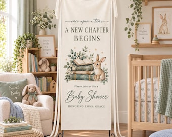 Storybook Baby Shower Banner, A New Chapter Begins Personalized Welcome Sign, Bunny Book Theme Fabric Party Decor
