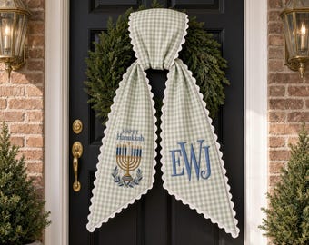 Personalized Hanukkah Wreath Sash, Menorah Monogram Door Bow, Custom Initial Blue Stripe Jewish Holiday Decor