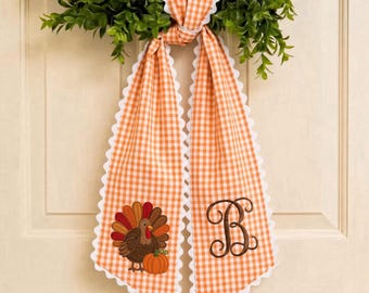 Personalized Thanksgiving Wreath Sash, Turkey Monogram Door Bow, Orange Gingham Fall Front Door Decor