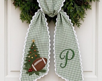 Personalized Football Christmas Wreath Sash, Custom Monogram Door Bow, Pink Stripe Holiday Front Door Decor