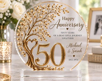Personalized 50th Anniversary Acrylic Plaque, Golden Wedding Gift for Parents, Custom Couple Names Love Tree Keepsake