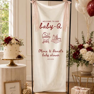 Personalized Baby-Q Baby Shower Banner, Custom BBQ Theme Welcome Sign for Backyard Baby Shower Party