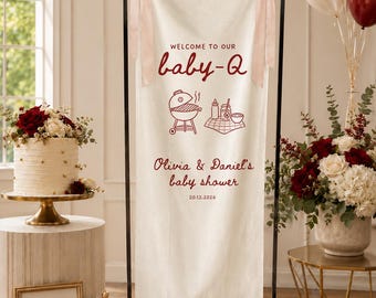Personalized Baby-Q Baby Shower Banner, Custom BBQ Theme Welcome Sign for Backyard Baby Shower Party