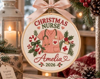 Personalized Christmas Nurse Embroidery Hoop Ornament, Custom Nurse Name Gift, RN Christmas Keepsake, Nurse Holiday Decor 2026