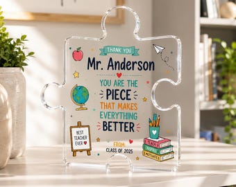 Targa acrilica personalizzata per insegnanti, regalo di ringraziamento per insegnanti a forma di pezzo di puzzle, cartello personalizzato per la scrivania dell'aula, ricordo di classe.