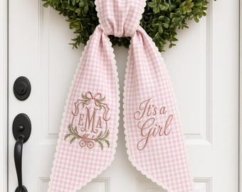 Personalized Baby Girl Wreath Sash, Custom Name Pink Gingham Door Bow, Baby Shower Front Door Decor