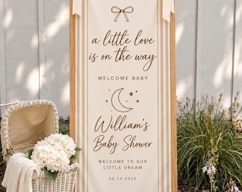 Neutral Baby Shower Banner, Personalized Fabric Welcome Sign, A Little Love Is On The Way, Beige Bow & Moon Decor