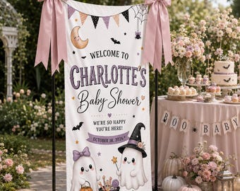Personalized Halloween Baby Shower Banner, Custom Ghost Baby Shower Welcome Sign, Pink Spooky Girl Shower Backdrop