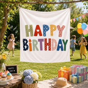 Colorful Happy Birthday Banner, Patchwork Fabric Party Backdrop, Gender Neutral Kids Birthday Wall Decor