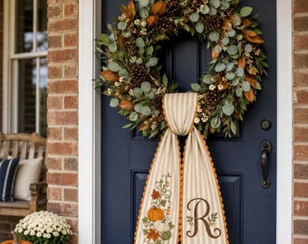 Personalized Fall Wreath Sash, Embroidered Pumpkin Monogram Wreath Bow, Custom Initial Autumn Front Door Decor, Housewarming Gift