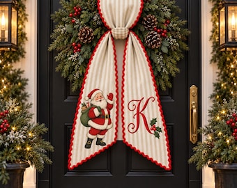 Personalized Santa Christmas Wreath Sash, Embroidered Monogram Holiday Bow, Custom Initial Front Door Decor, Christmas Gift