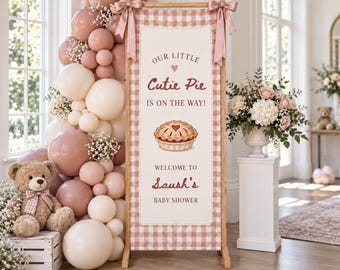Cutie Pie Baby Shower Banner, Personalized Baby Name Welcome Sign, Pink Gingham Fabric Party Decor