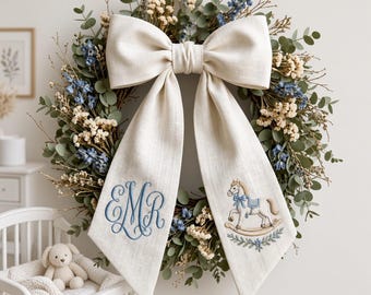 Personalized Baby Boy Wreath Sash, Rocking Horse Monogram Door Bow, Custom Initial Blue Nursery Decor