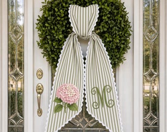 Personalized Spring Wreath Sash, Pink Hydrangea Monogram Door Bow, Custom Initial Floral Front Door Decor
