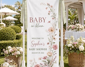 Personalized Baby in Bloom Banner, Custom Floral Baby Shower Sign, Linen Style Baby Shower Backdrop Decor