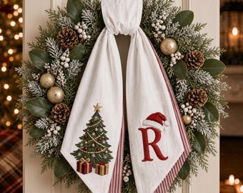 Personalized Christmas Wreath Sash, Christmas Tree Monogram Door Bow, Custom Initial Holiday Front Door Decor
