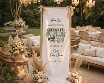Personalized Baby Shower Banner Boho Cafe Theme Linen Backdrop, Custom Baby Shower Welcome Sign, Neutral Baby Shower Party Decor