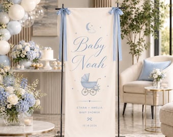 Personalized Baby Shower Welcome Banner, Blue Moon Nursery Fabric Backdrop, Custom Baby Boy Shower Decor