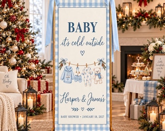 Winter Baby Shower Banner, Personalized Baby Boy Welcome Sign, Blue Gingham Teddy Bear Winter Shower Decor