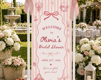 Personalized Bridal Shower Banner, Custom Pink Bow Welcome Sign, Coquette Bride To Be Party Backdrop