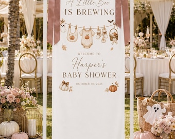 Personalized Halloween Baby Shower Banner, Ghost Pumpkin Welcome Sign, Fall Baby Shower Fabric Backdrop