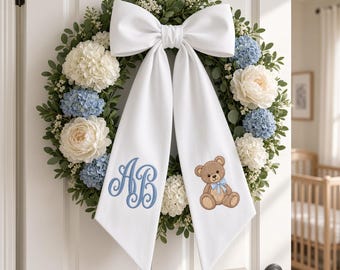 Personalized Baby Boy Wreath Sash, Teddy Bear Monogram Door Bow, Custom Initial Blue Nursery Decor