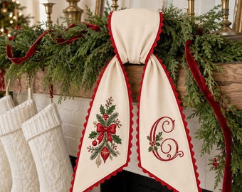 Personalized Christmas Wreath Sash, Holly Bow Monogram Door Decor, Embroidered Initial Holiday Wreath Accessory, Hostess Gift