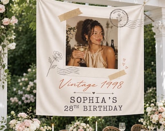 Personalized Birthday Photo Banner, Custom Vintage Birth Year Fabric Backdrop, Milestone Party Decor for Her
