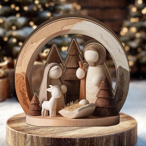 May include: Wooden nativity scene featuring Mary, Joseph, and baby Jesus in a manger, with a donkey and trees. The scene is set within a layered wooden arch, with a natural wood finish. The background is blurred with Christmas lights.