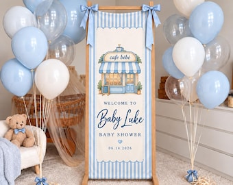 Cafe Bebe Baby Shower Banner, Personalized French Cafe Welcome Sign, Blue Baby Boy Fabric Backdrop, Custom Name Party Decor