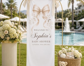 Personalized Baby Shower Banner, Custom Neutral Bow Welcome Sign, Elegant Baby Girl Shower Backdrop Decor
