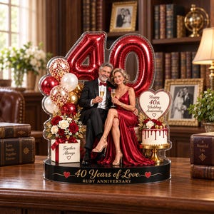Op de afbeelding: Een acryl display voor een 40-jarig jubileum met een stel met champagneglazen, grote rode ballon-cijfers, een hartvormig bord met Happy 40th Wedding Anniversary, een taart en een voetstuk met 40 Years of Love Ruby Anniversary.