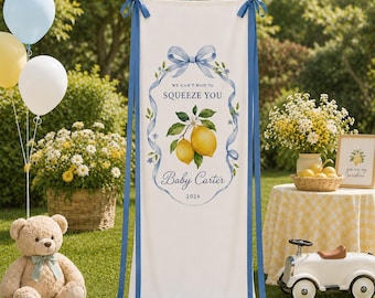 Personalized Lemon Baby Shower Banner, Custom Linen Welcome Backdrop, We Can’t Wait To Squeeze You Decor