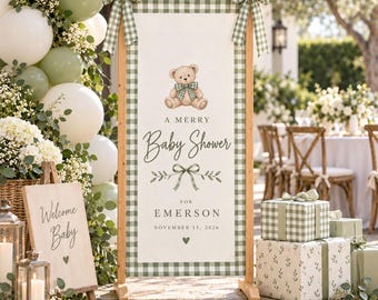 Merry Baby Shower Banner, Personalized Baby Boy Welcome Sign, Blue Gingham Teddy Bear Baby Shower Decor