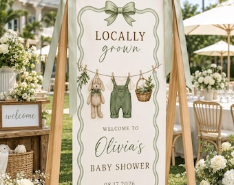 Personalized Locally Grown Baby Shower Banner, Garden Baby Welcome Sign, Neutral Bunny Fabric Backdrop