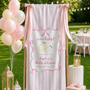 May include: A baby shower scene with a striped pink and white backdrop, adorned with pink ribbons and the text "ciao baby!" and "Sophia's Baby Shower." Balloons, lanterns, and gifts complete the festive outdoor setting.