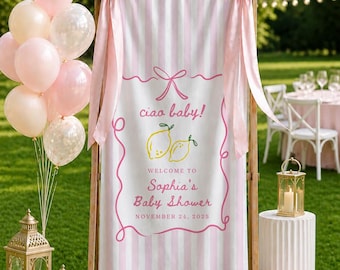Pink Baby Shower Banner, Lemon Baby Shower Welcome Sign, Personalized Baby Shower Backdrop, Girl Baby Shower Decor