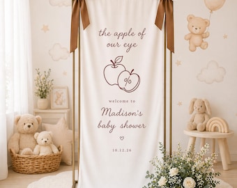 Apple of Our Eye Baby Shower Welcome Sign Banner Personalized Baby Shower Banner Custom Baby Name Banner Neutral Baby Backdrop