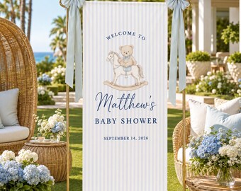 Personalized Baby Boy Shower Banner, Custom Teddy Bear Fabric Welcome Sign, Blue Baby Shower Backdrop Decor